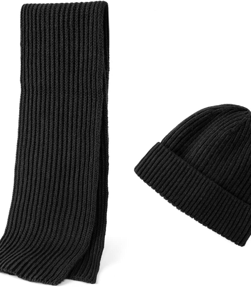 2PCS Merino Wool Knit Beanie Scarf Set for Men & Women, Winter Soft Warm Long Scarves with Wool Beanie Hat